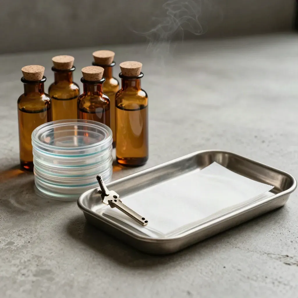 Lab vials, petri dishes, and folded wipes on a brushed-steel tray in cool haze.