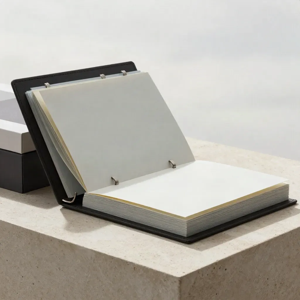 Matte-black agency folio with storyboard cards, clips, proof sheets and sample box on stone.