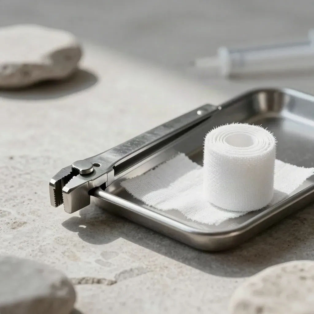 Healthcare still life of clamp hardware, gauze, and a syringe-cap tray on pale stone.