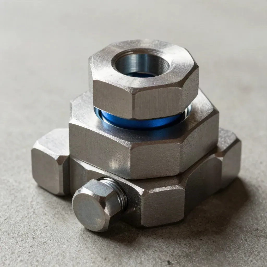 Macro of steel blocks, bolts and a coupling ring sliding together on slate concrete.
