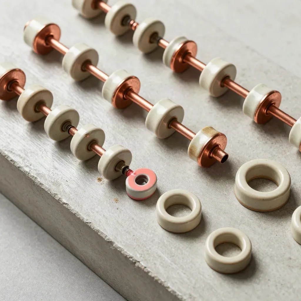 Top-down flat lay of insulators, copper ferrules, and cable rings on concrete with coral accent.