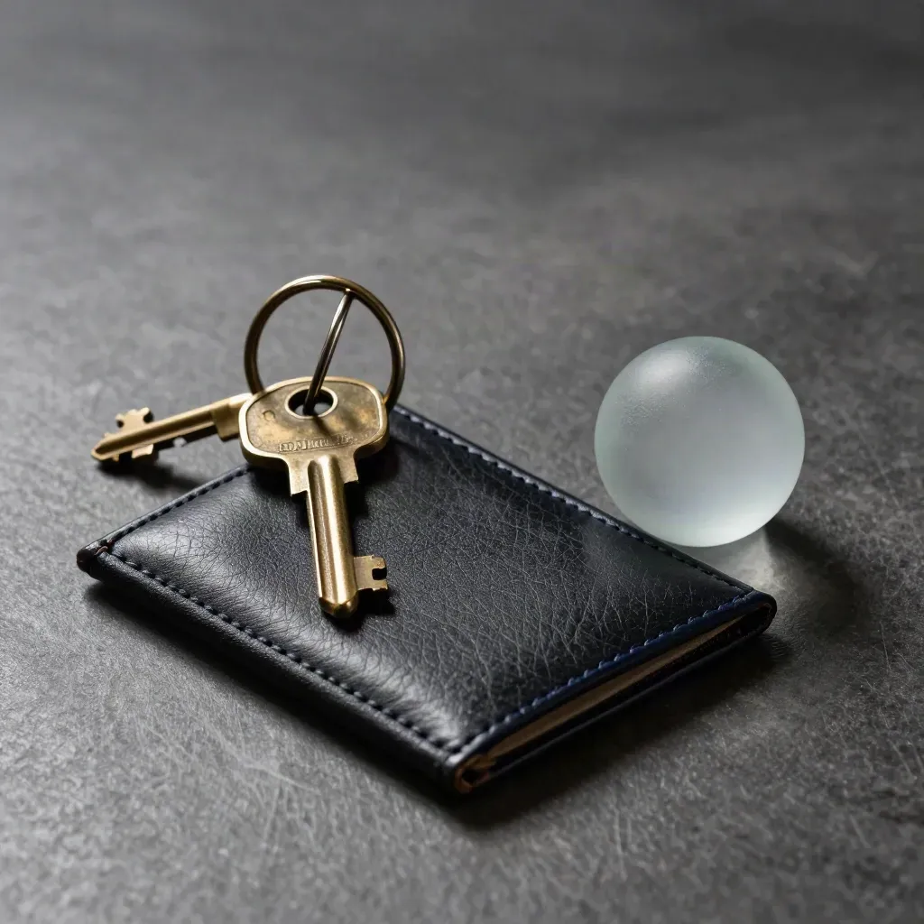 Brass key ring, bank key, leather sleeve, and frosted paperweight on brushed metal.