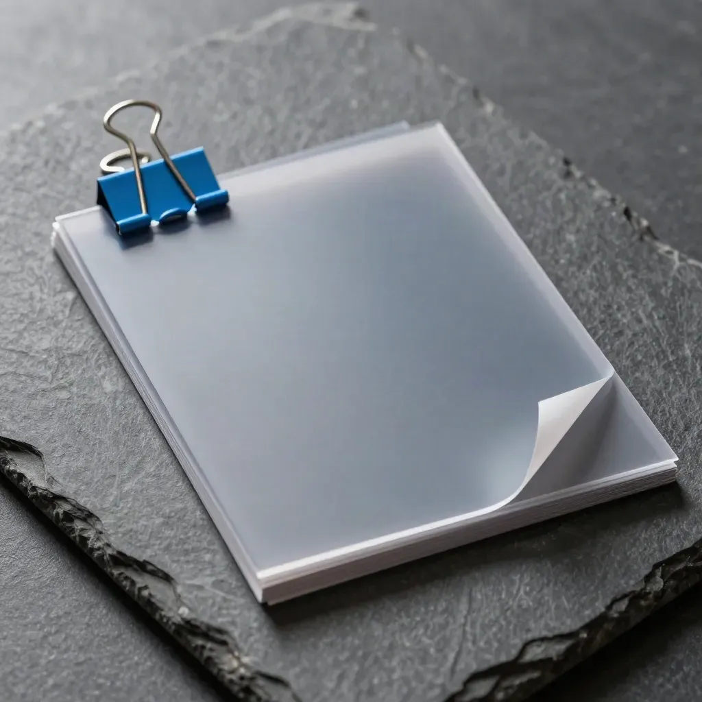 Macro stack of proof sheets, acetate overlays, and a blue binder clip on stone.