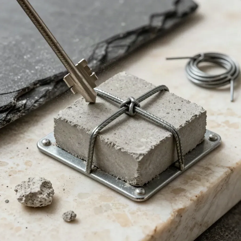 Top-down macro of steel brackets, tie wire, and a concrete core sample on travertine.
