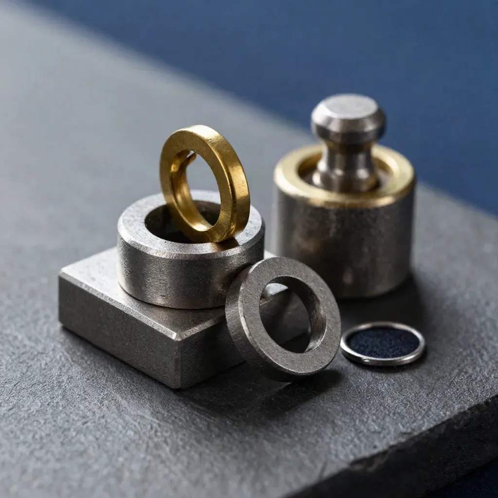 Precision metal weights and brass rings on brushed steel, side-lit in a tidy macro still life.