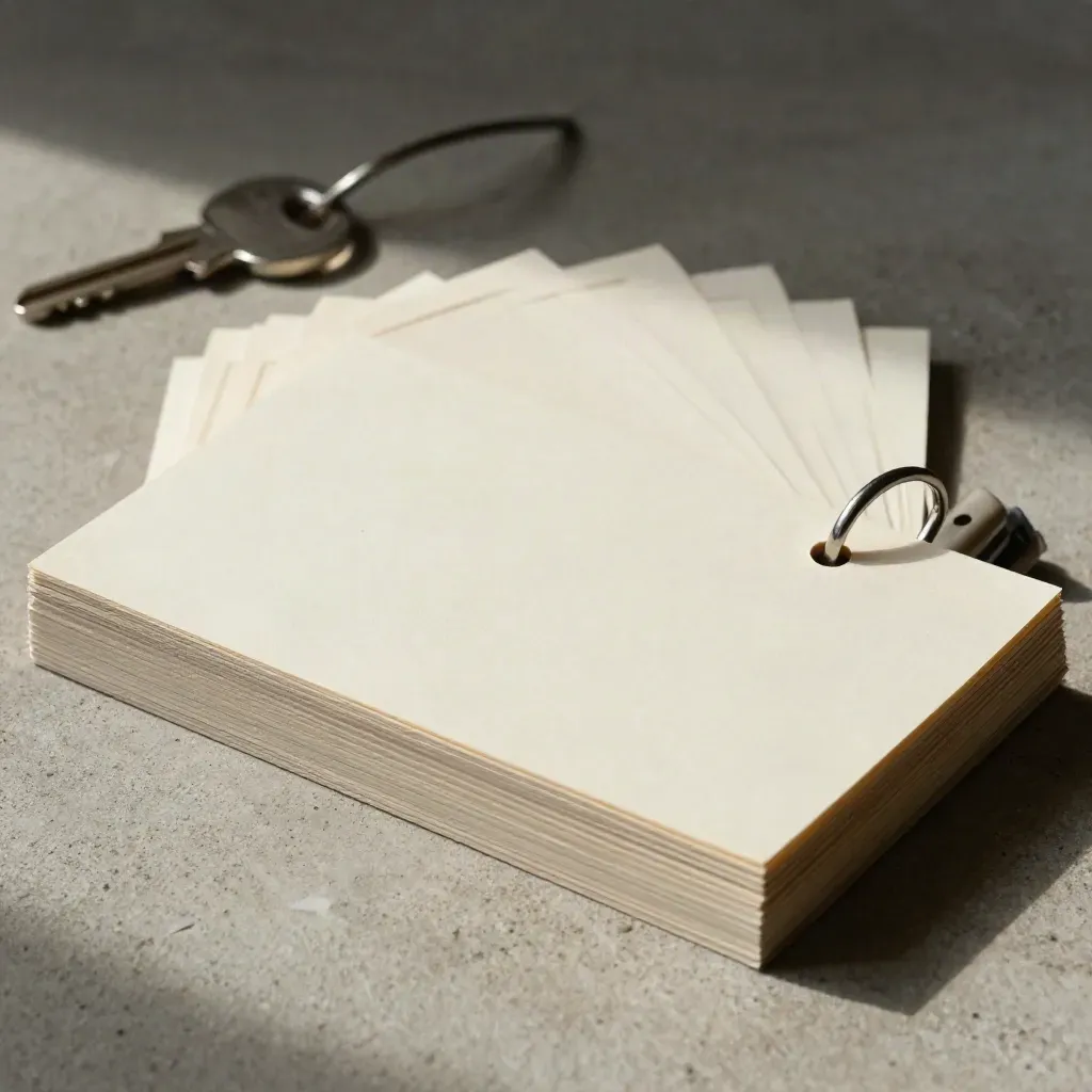 Fanned blank index cards with tabs and a paper ring on pale concrete.