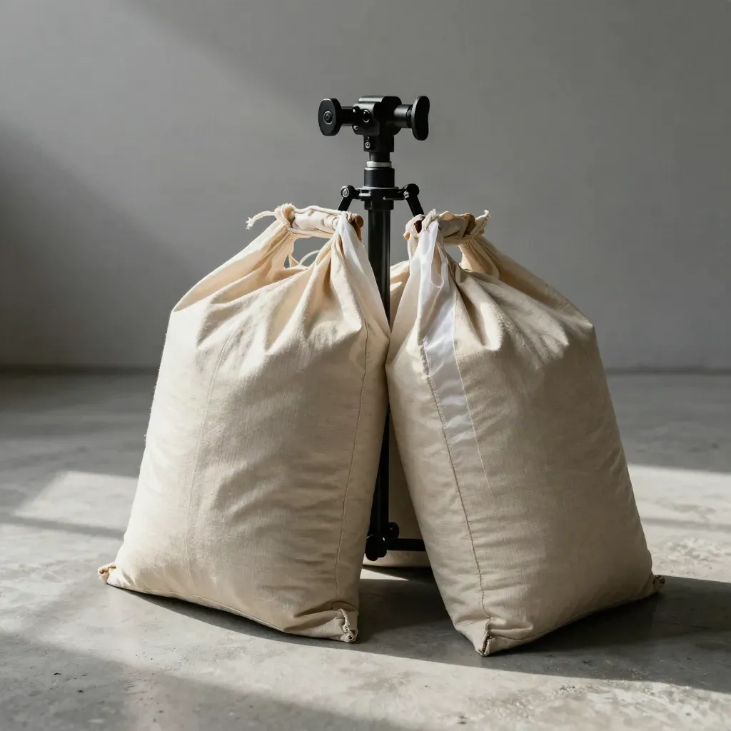 C-stand grip head with a diffusion frame corner and two sandbags on a hazy studio floor.