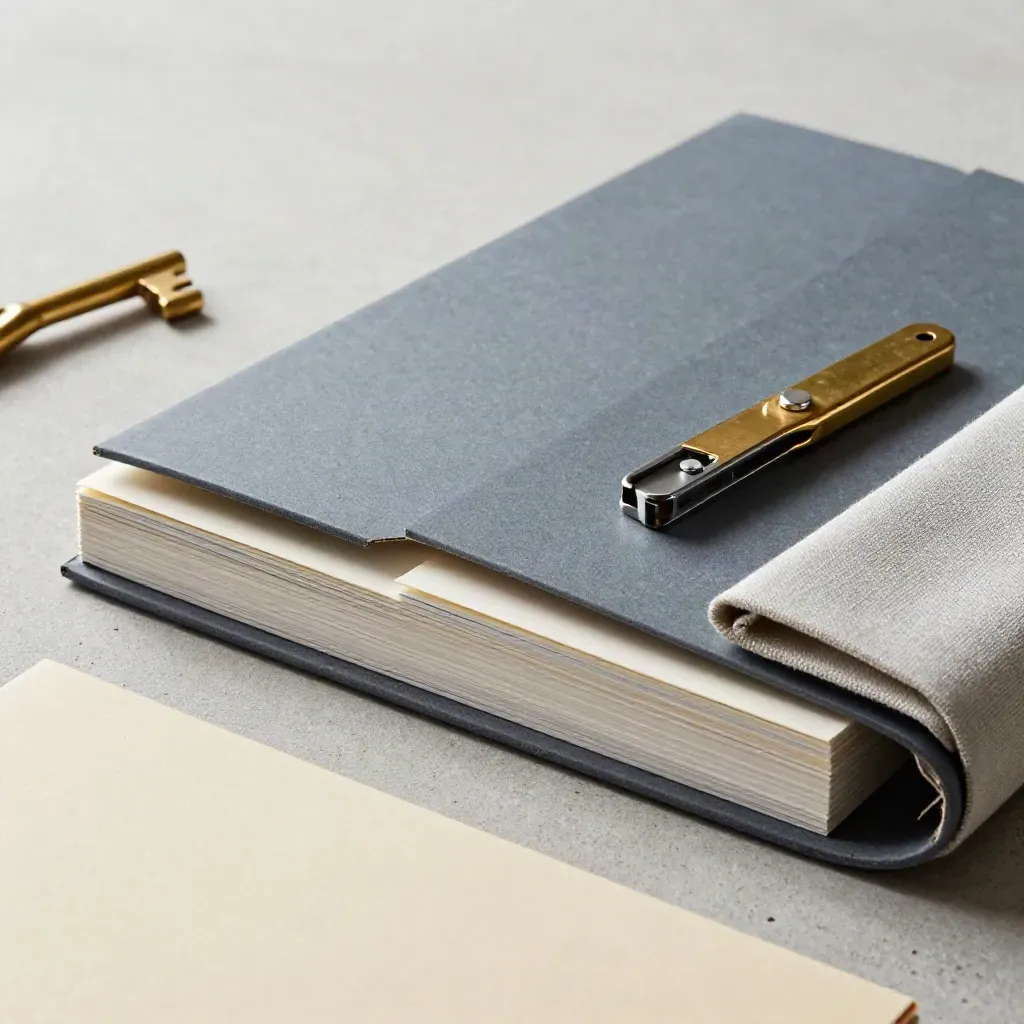 Campaign folders, sticky tabs, brass paper knife and presentation folio on a pale stone surface.