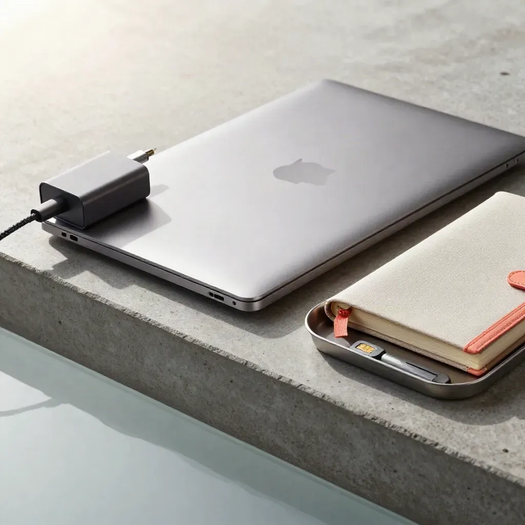 Closed ultralight laptop, adapter, travel notebook and SIM tool seen through frosted glass.