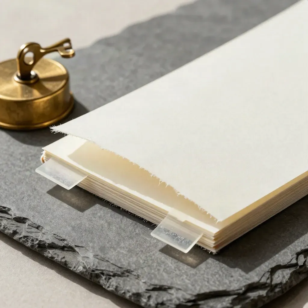 Brass paperweights pin blank comp sheets with adhesive tabs on slate-gray stone.