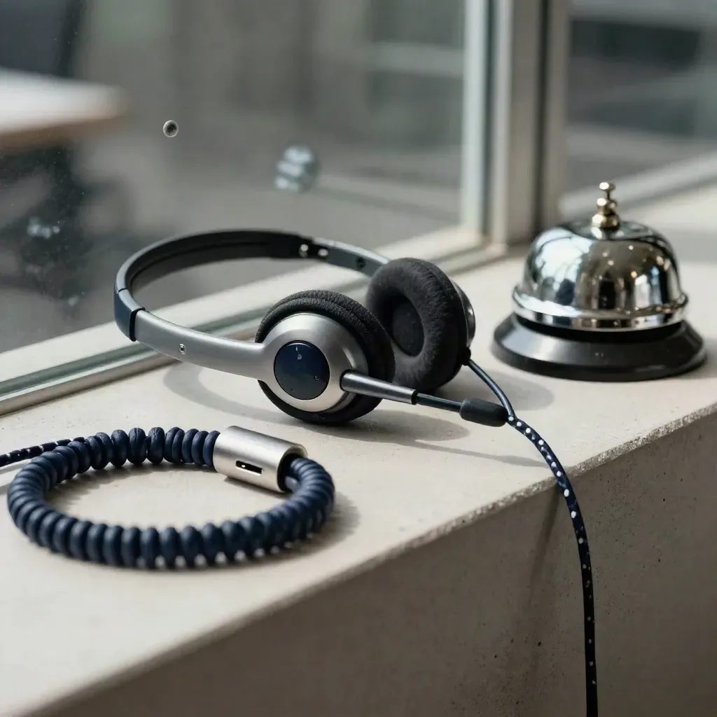 Macro still life of a wired headset, proposal folio clasp, and desk bell on pale concrete.