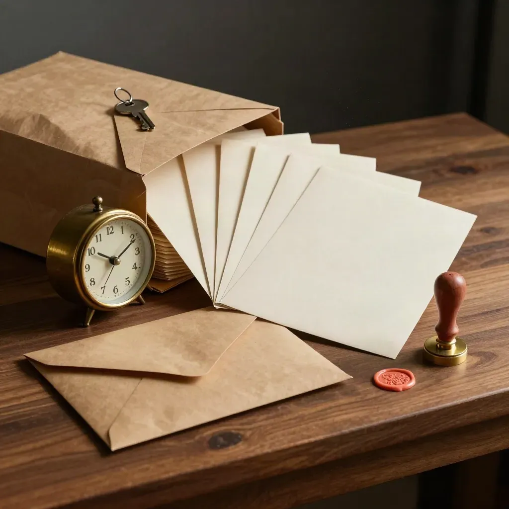 Sealed envelopes, brass clock, proof sheets and stamp on a warm studio bench in dramatic light.