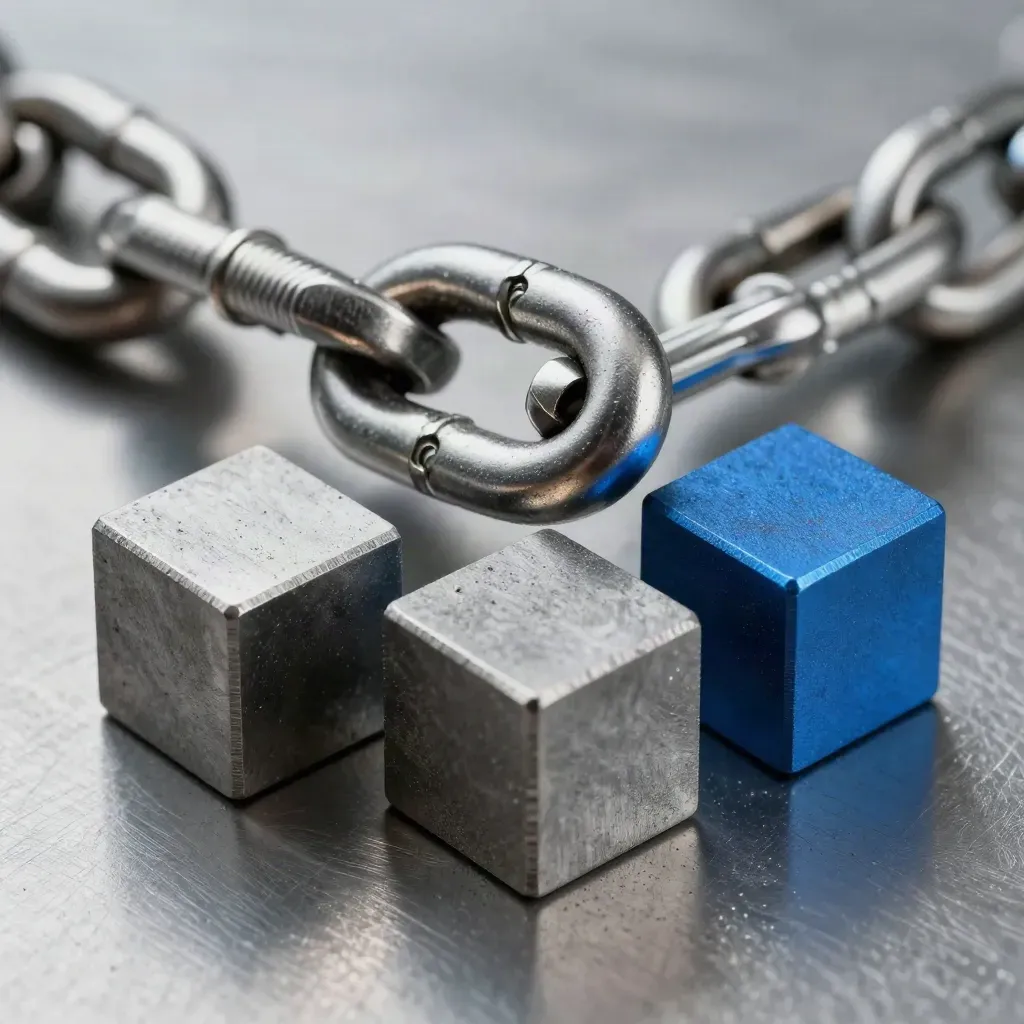 Macro of steel links and a precision connector threading modular blocks on brushed metal.