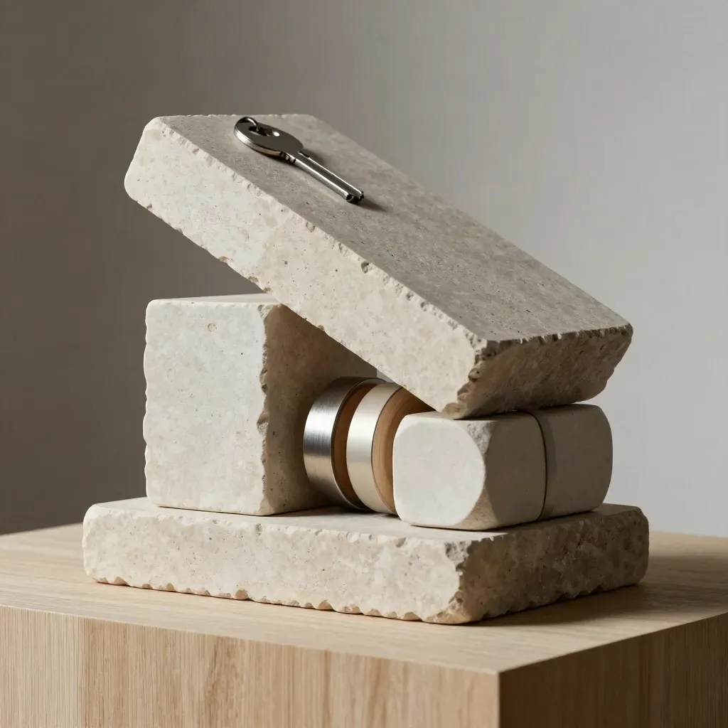Stacked stone blocks and linked metal rings on pale wood under dramatic studio light