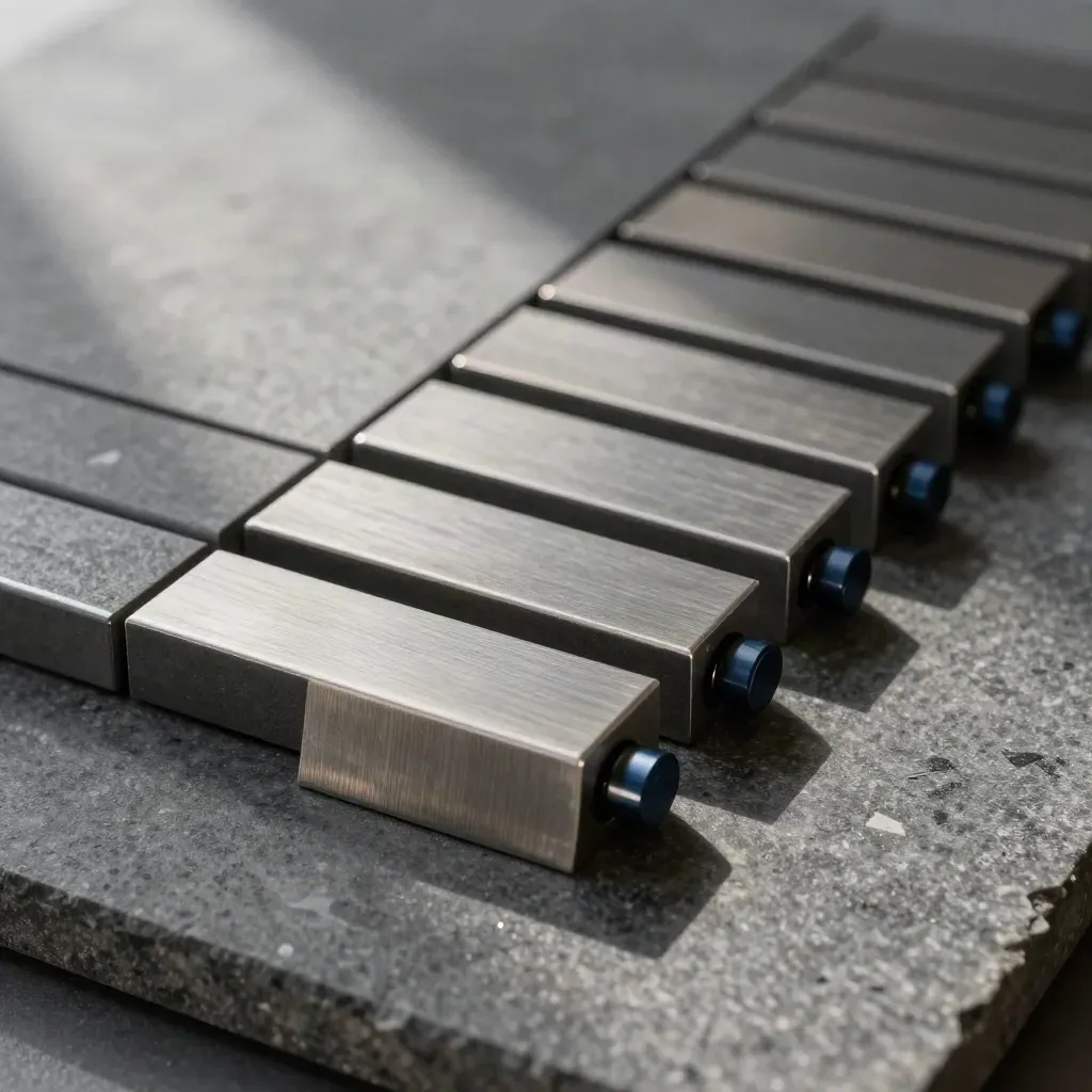 Top-down metal tiles, brackets, and a spring clasp on matte stone in soft daylight.