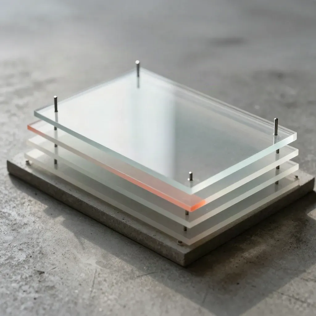 Layered acrylic sheets and alignment pins on concrete, drifting into place under hard studio light